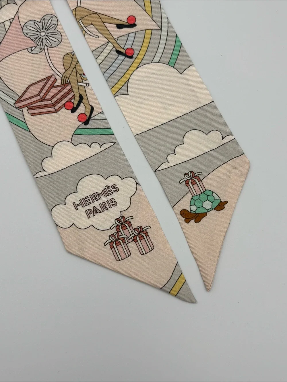 Hermes Carres Volants Twilly Scarf Gris Perle Rose Pale Pierre Marie - Picture 3 of 4